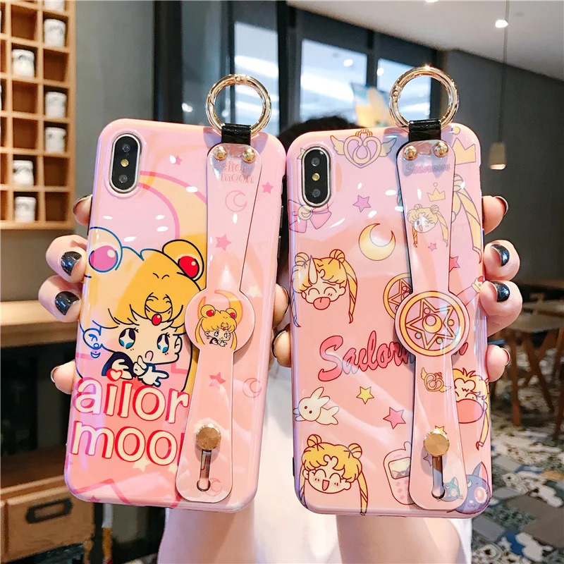 Мягкий чехол для iphone XS max с милым ремешком на запястье Sailor Moon, чехол для iphone X XR 8plus 7 7plus 6 6S 6 p, чехол с рисунком кота
