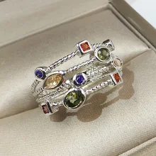 RongXing Роскошные Многоцветные циркониевые геометрические кольца для женщин 925 серебро многослойное кольцо с камнем рождения женское свадебное