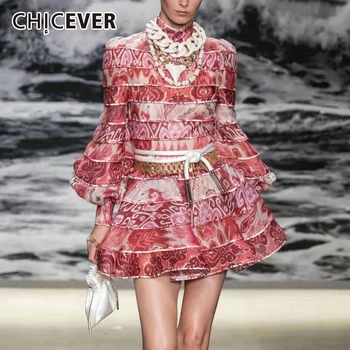 

CHICEVER Patchwork Print Women's Dress Stand Collar Lantern Long Sleeve High Waist Dresses For Female 2020 Autumn Fashion New