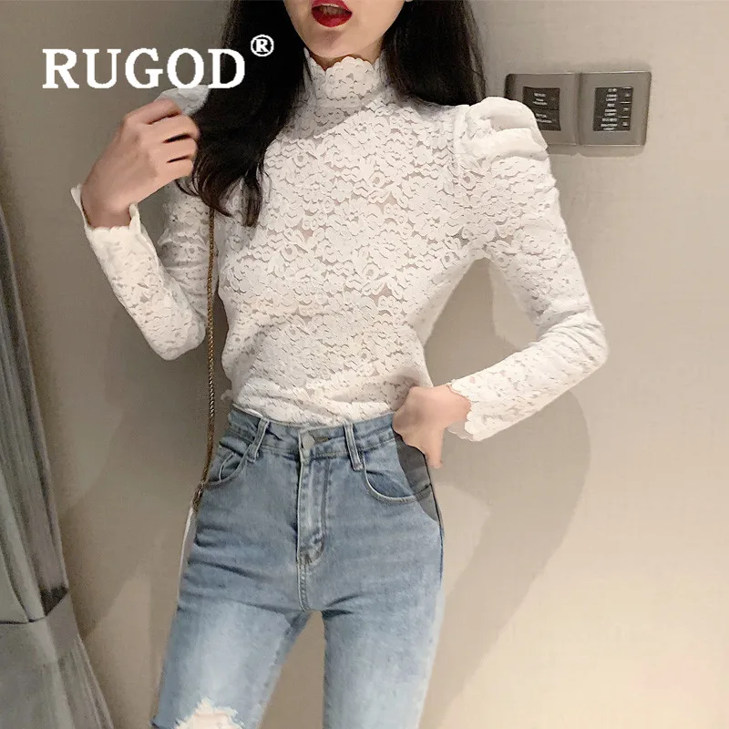 RUGOD, корейский стиль, стиль, пышные рукава, половина воротника, открытая рубашка, приталенная, элегантные, сетчатые топы, Женская мода