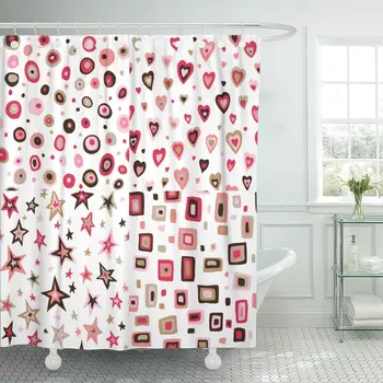 

Brown Retro Fifties Squares Circles Stars Hearts Patterns Colorful Shower Curtain Waterproof Fabric 72 x 78 Inches Set with Hook