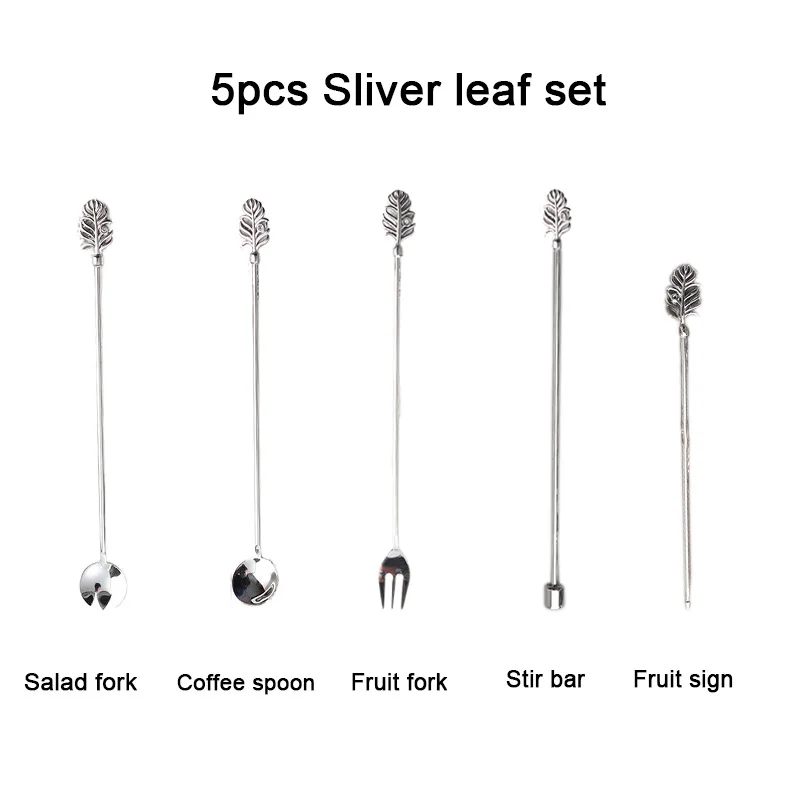 Sliver leaf set 5 шт. золотой комплект кофейных ложек из нержавеющей стали с длинной ручкой для мороженого, десертные ложки для перемешивания, серебристые фруктовые вилки, креативная барная посуда - Цвет: Sliver leaf set