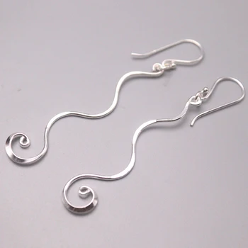 

Solid Sterling Silver Earrings Women Luck Special Wave Dangle Earrings 58mmL Best Gift