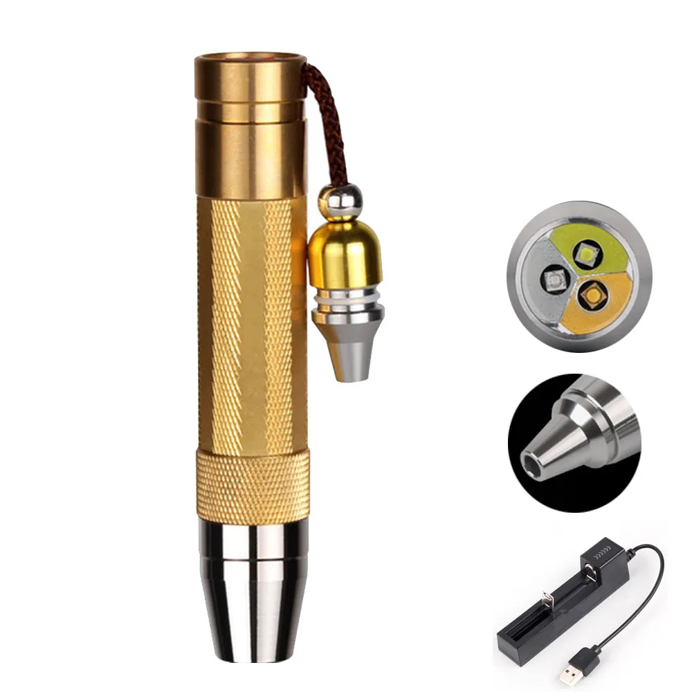 

2 Files 8 Watts Powerful LED Flashlight Gemstone Amber Jewelry Jade Inspection 600 Lumens Yellow Light Handy Torch Lampe 18650