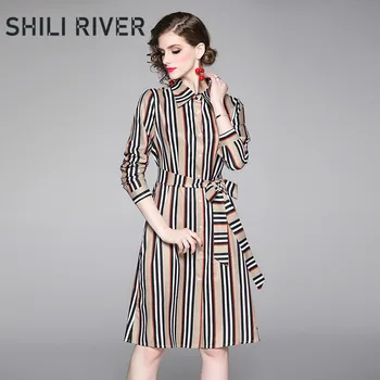 

New spring autumn knee length shirt dress for women a line long sleeve slim vintage khaki elegant stripe dress with belt collar