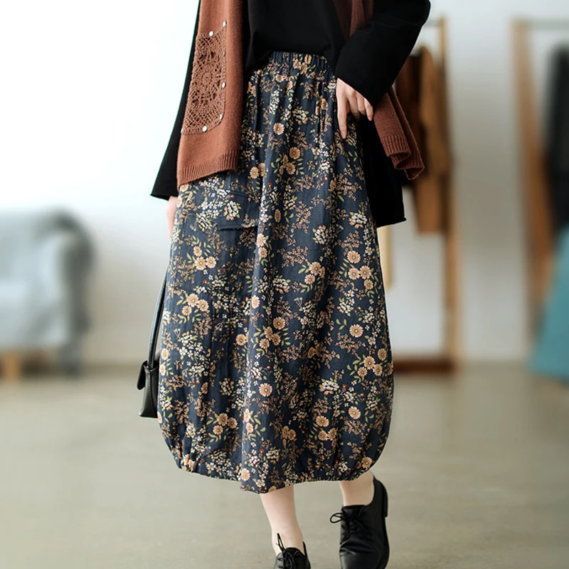 NINI WONDERLAND 2021 Spring Cotton Linen Print Flower Midi Skirt Women Elastic Waist Loose Bud Skirts Summer Mori Girl | Женская одежда