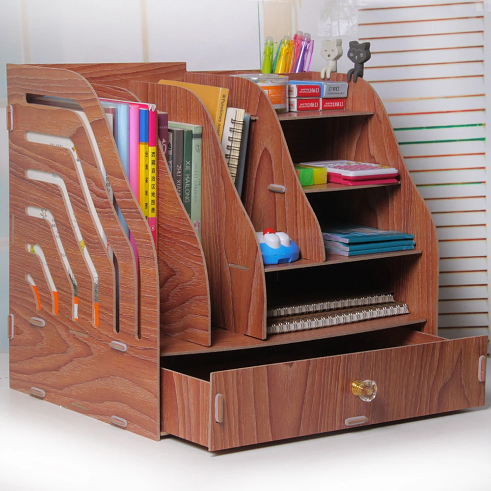 DIY Wooden Document Tray Desktop Multifunction A4 Data Storage Box Pen Pencil File Holder Office Desk Organizer School Supplies - Цвет: Imitation wood