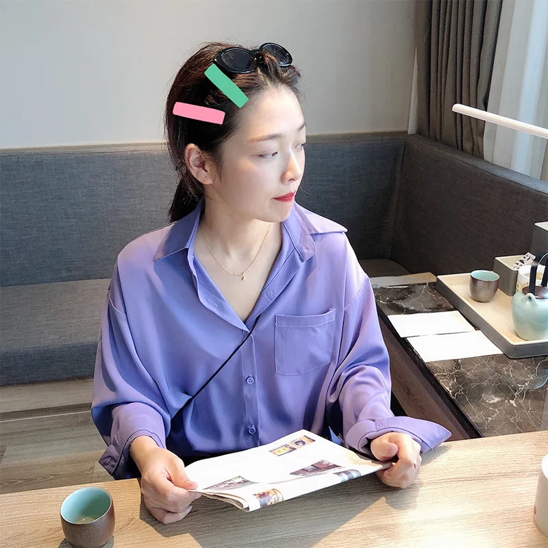 

HXJJP The New Summer 2020 Korean Chiffon Blouse for Women with Long Sleeves and Lapels Shirts