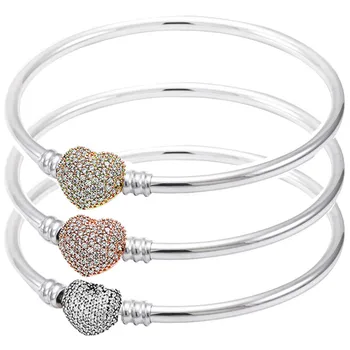 

New 925 Sterling Silver Bangle Rose Gold Moments Pave Heart Clasp Crystal Bracelet Bangle Fit Bead Charm DIY Fine Jewelry