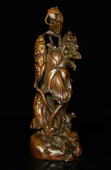 

wedding decoration 10" Old China Folk FengShui Boxwood Wood Carved Lucky Lotus Flowers Adorn Statue