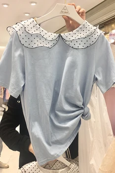 

2020 Summer New Korean Ruffle Peter Pan Collar Mesh Dots Short Sleeve T-shirt Women's Fashion Top Plus Size Womens Shirts