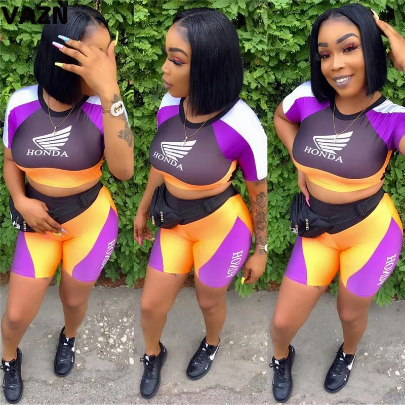 

VAZN SFY055 New Colorful Young Women 2019 Casual o-neck Short Sleeve Top short Pants Elastic Women 2 Piece Set