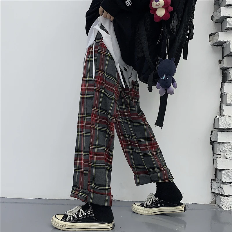 Woherb Harajuku, уличная одежда, прямые широкие брюки в клетку, женские повседневные свободные модные брюки для женщин, корейский стиль, новинка 91395