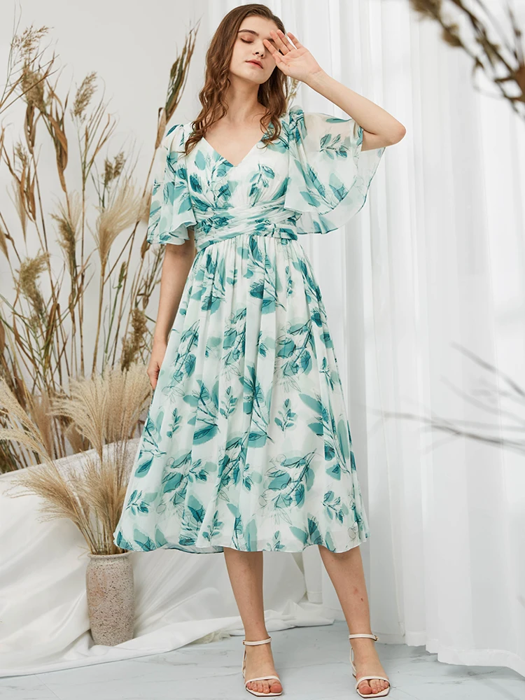 

Short Sleeves V Neck Floral Sage Bridesmaid Dress Tea Lgnth Plus Size Formal Evening Gown Wedding Party Guest Mother of Bride