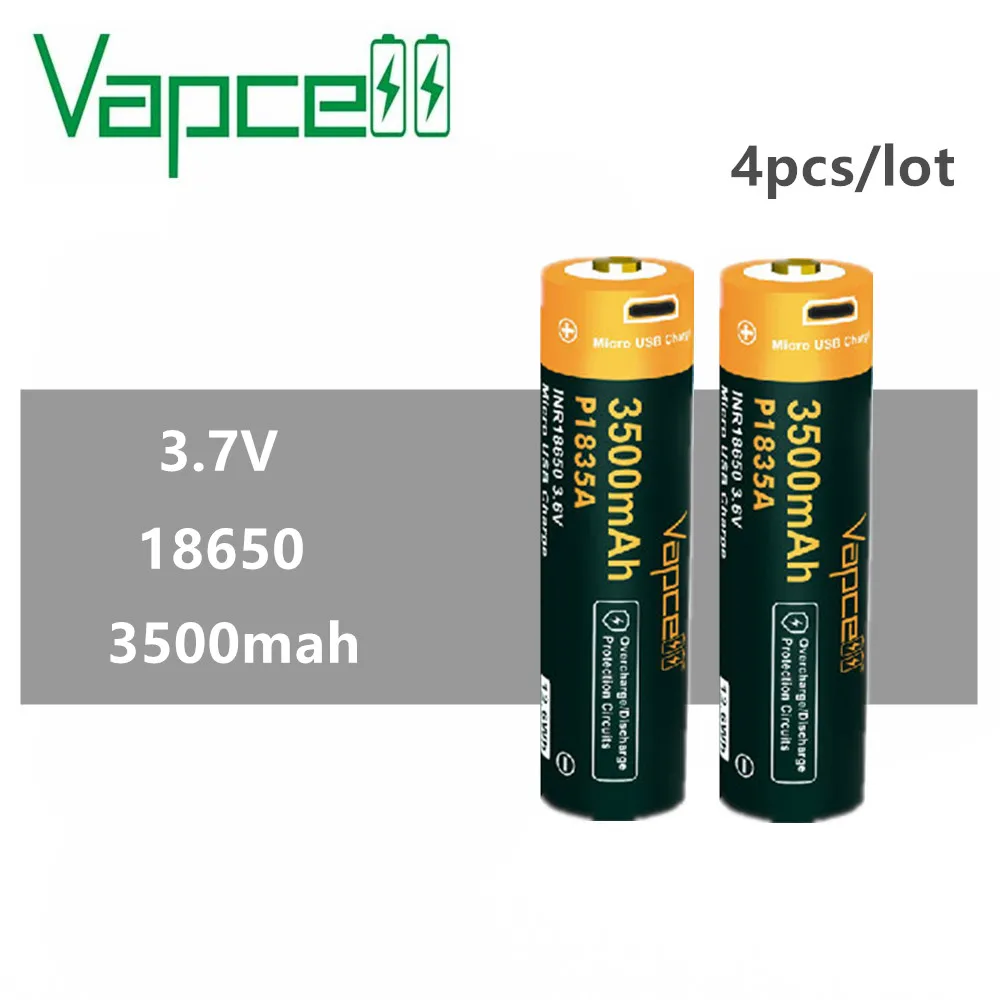4 шт. Vapcell оригинальный 18650 3500 мАч P1835A кнопочный Топ 3 7 в USB перезаряжаемые