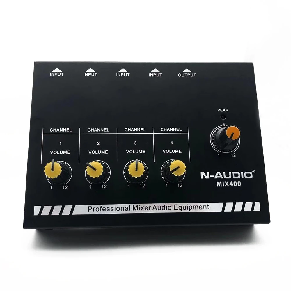 

MIX400 4 Channels Sound Mixer Compact Size Professional Sound Mixer with Power Adapter Mono/Stereo Audio Sound Line Mixer