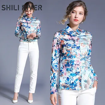 

2020 spring autumn runway designer tops for women long sleeve blouse slim casual print floral colorful retro elegant lapel shirt