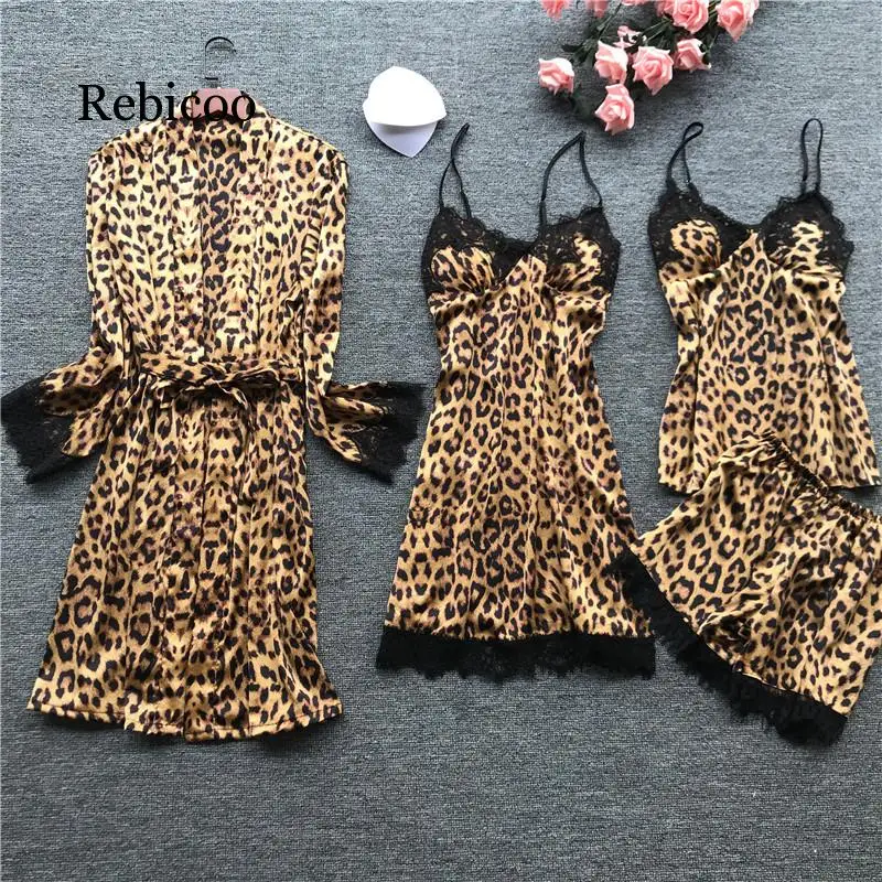 

Leopard Pajamas for Women Lace Sexy Lingerie Fashion Silk Pajama Sets Women 2019 Summer Pijama Mujer Pyjama with Chest Pad