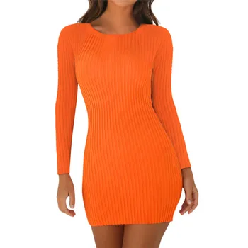 

Women Long Sleeve O-Neck Package Hips Sexy Mini Autumn Dresses Knitted Vestidos Orange Black Red Party Bodycon Dress High Waist
