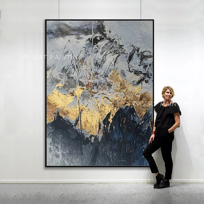 

Gold Foil Mountain Landscape 100% Handmade Grey Canvas Oil Painting Modern Picture for Living Room Aisle Fashion Wall Decor