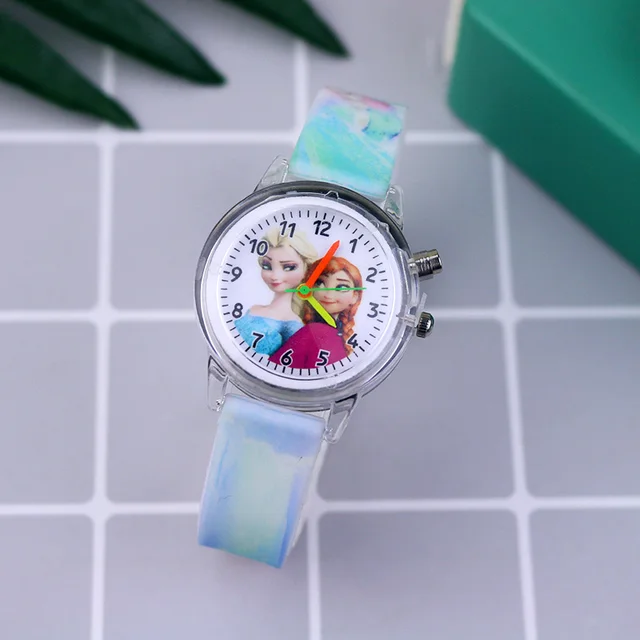 Fashion Cartoon Flash Light Girls Watches Kids with Bracelet Silicone Strap Princess Elsa Children Watches Clock reloj infantil Sky Blue one watch