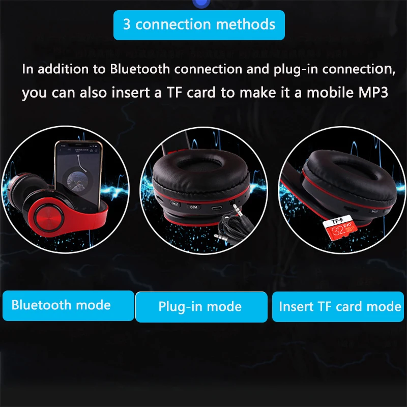 Bluetooth headphone Stereo earphones Wireless music headset FM support 32G SD card with Microphone for mobile phone PC tablet