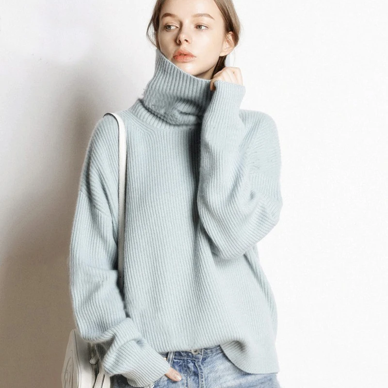 

2019 Knitted Women's High-neck Cashmere Sweater Turtleneck High-necked Autumn and Winter Basic Lady Sweater Loose Black