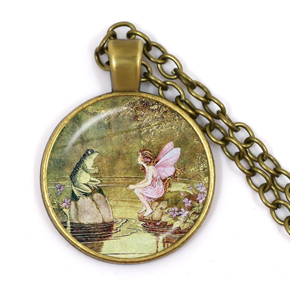 Neue Kette Handwerk Vintage Frosch Fee Anhänger Halskette Glas Cabochon Frauen Mode Charme Schmuck colares e correntes feminino