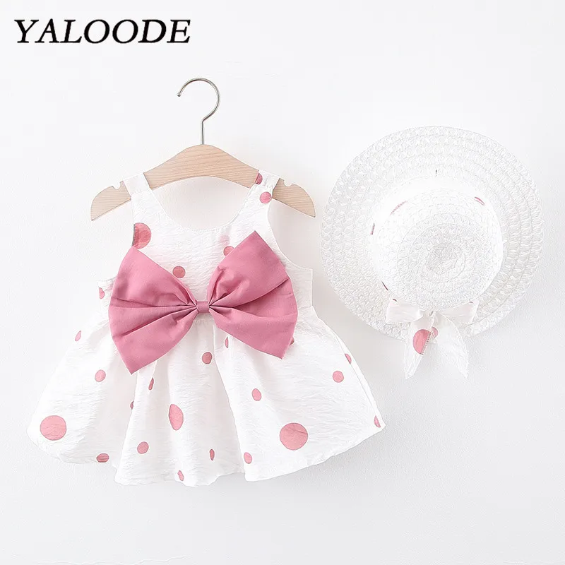 

Girl Dress Summer Dot Print Baby Dress+Bow Straw Hat 2Pcs Clothes Set Bohemia Style Infant Toddler Dress Baby Girl Clothes