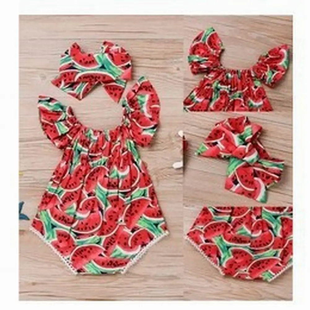 

Baby Girl Romper Newborn Girl's Clothes Cute Watermelon Print Short Sleeve Round Collar Leotard Bow Head Outfits Clothes Summer