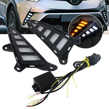 

2pcs Car LED DRL Daytime Running Lights with YellowTurn Signal Light Yellow Daylight Fog Lamp for Toyota CHR C-HR 2017 2018