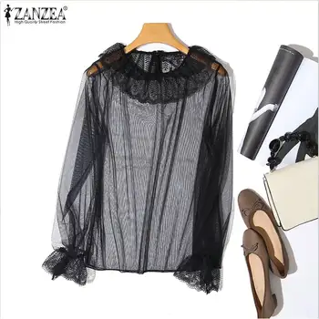 

ZANZEA 2020 Fashion See Through Shirts Women Casual Ruffles Blouse Outwear Sexy Summer Female Solid Loose Tunic Tops Lace Blusas