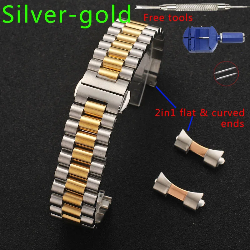 Silver Gold Ремешок для часов из нержавеющей стали 12, 13, 14, 16, 17, 18, 19, 20 мм, 21, 22 мм, ремешок для часов, 3 ряда, плоский изогнутый конец, сменные Ремешки для наручных часов с инструментами - Цвет ремешка: Silver Gold