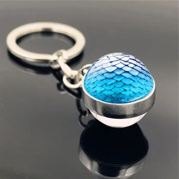

Multicolor Mermaid Scale Dragon Scale Metal Keychain Game of Thrones Dragon Egg Time Stone Double-sided Glass Ball Keyring Gifts