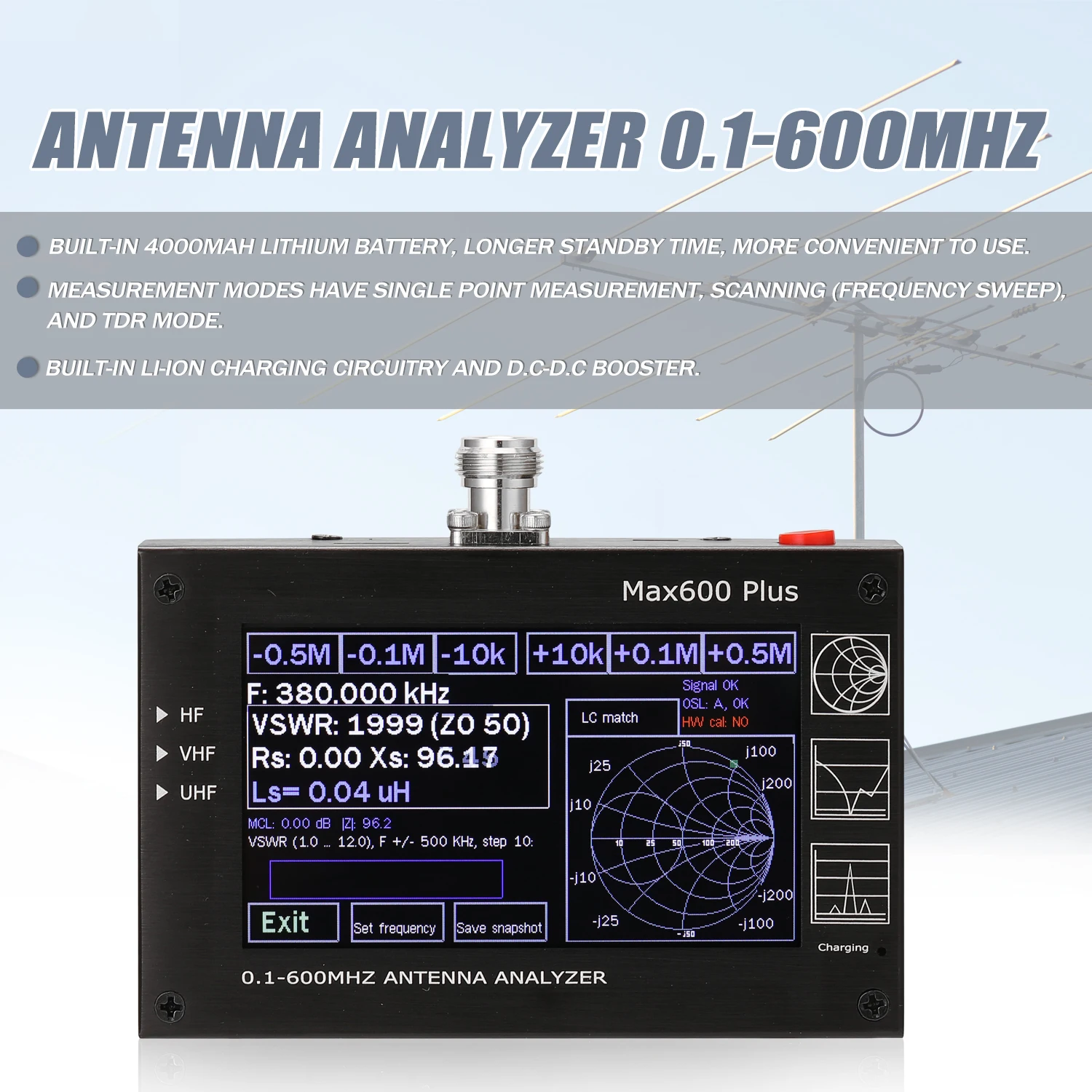 Портативный Max600 плюс HF VHF UHF анализатор антенны 0 1-600 МГц с 4 3 &quotна тонкопленочных