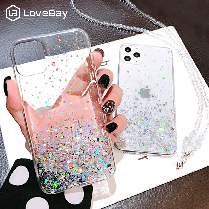 Lovebay Прозрачный блестящий Звездный ремешок чехол для телефона для iPhone 11 Pro 7 8 6 6S Plus X XR XS Max карамельный цвет мягкий ТПУ задняя крышка