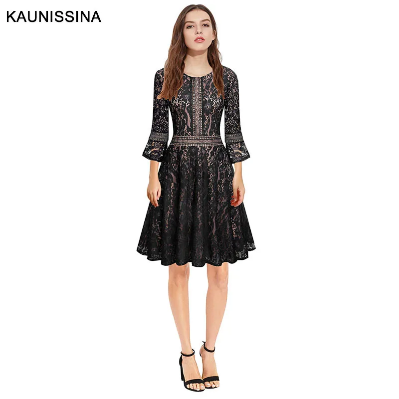 KAUNISSINA/женское винтажное коктейльное платье с кружевом; сезон весна-осень; вечерние платья трапециевидной формы с расклешенными рукавами; женские платья для выпускного вечера - Цвет: Черный