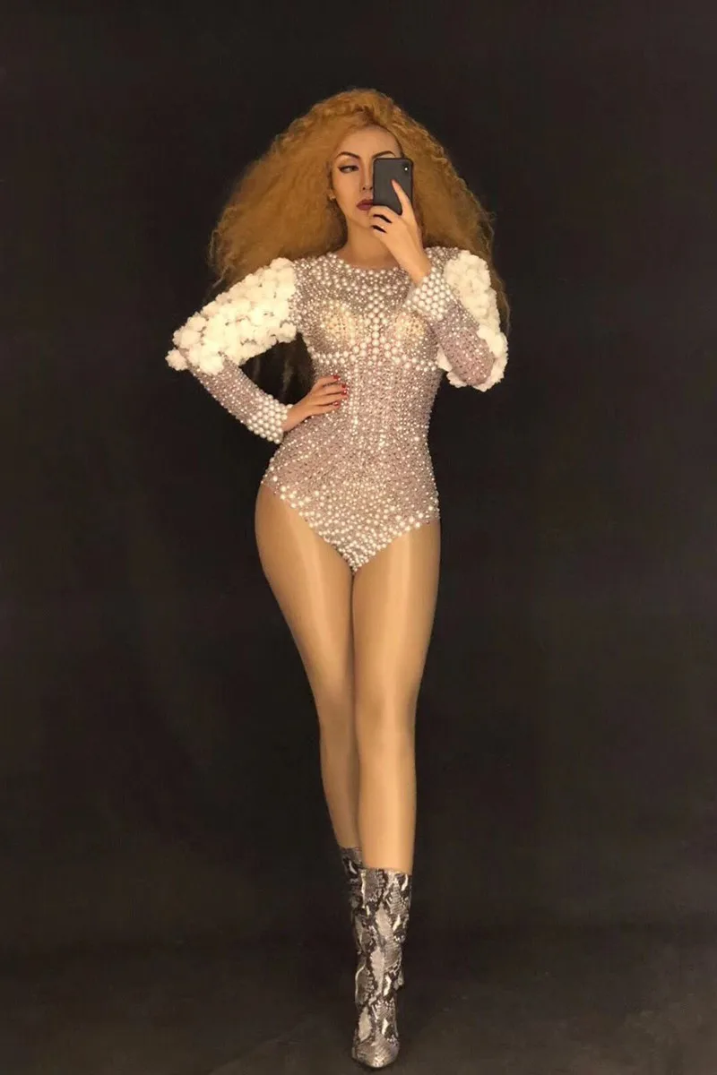 WHITNEY WANG 3D Цветочный рукав жемчуг бисер платье для женщин певица костюм наряд вечерние платья сценическое шоу одежда