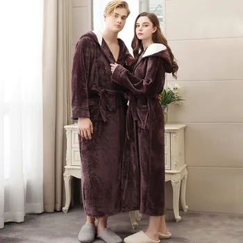 

Long Robes For Women Flannel Dressing Gown Robe Winter Women Bath Robe Couple Hooded Cap Bathrobes szlafrok damski New Bath Robe