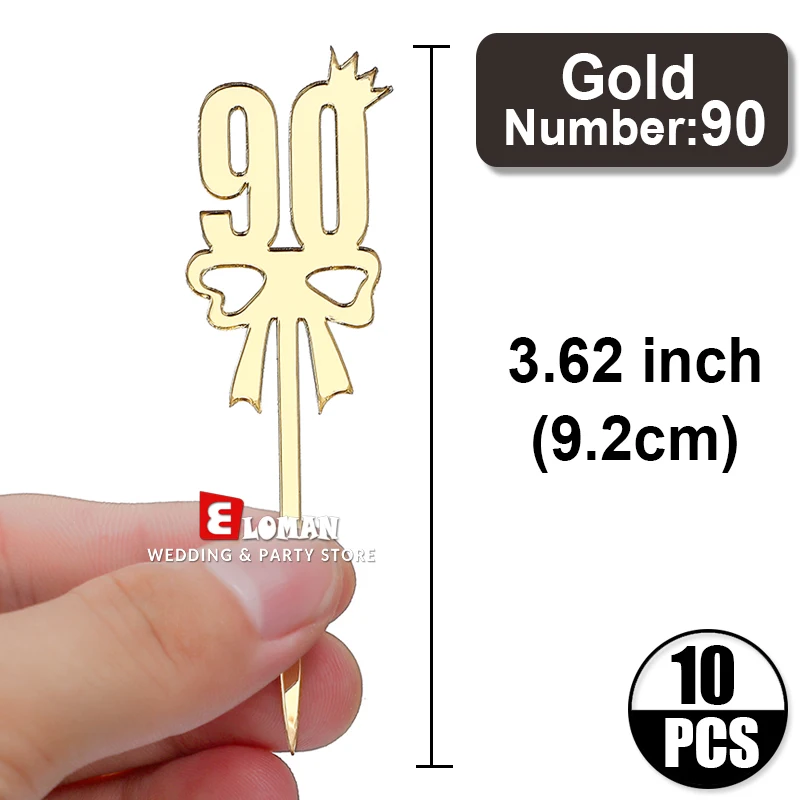 Num 90-Golden-10pcs 10 шт., украшения для празднования первого дня рождения для мальчиков и девочек, акриловые украшения для кексов, 1/10/20/30/40/50/60/70/80/90/100 - Цвет: Num 90-Golden-10pcs