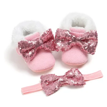 

Baby Girls 0-12M Winter warm Fleece Booties with big bow Infant Prewalkers + Headband 2PC Kids shoes set