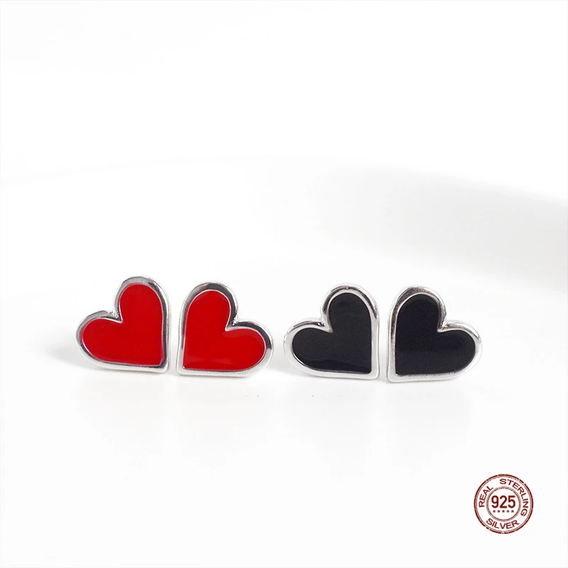 

LKO Real 925 Sterling Silver Black Red Love Heart Earrings For Women Girl Romantic Ear Studs Party Accessories Jewelry Gift
