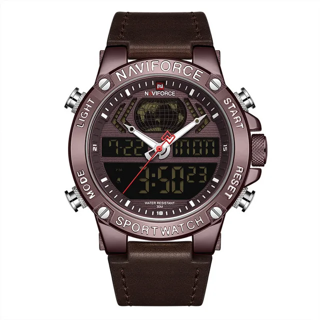 Мужские часы Топ люксовый бренд мужские кожаные спортивные наручные часы naviforce Мужские кварцевые светодиодный цифровые часы водонепроницаемые военные наручные часы - Цвет: coffee