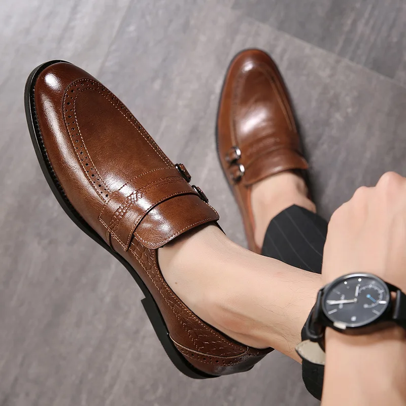 

Casual Men Loafers Business Wedding Shoes Luxury Retro Buckle Flats Shoes Pointed Toe Slip on Formal Shoes Plus Size 38-48