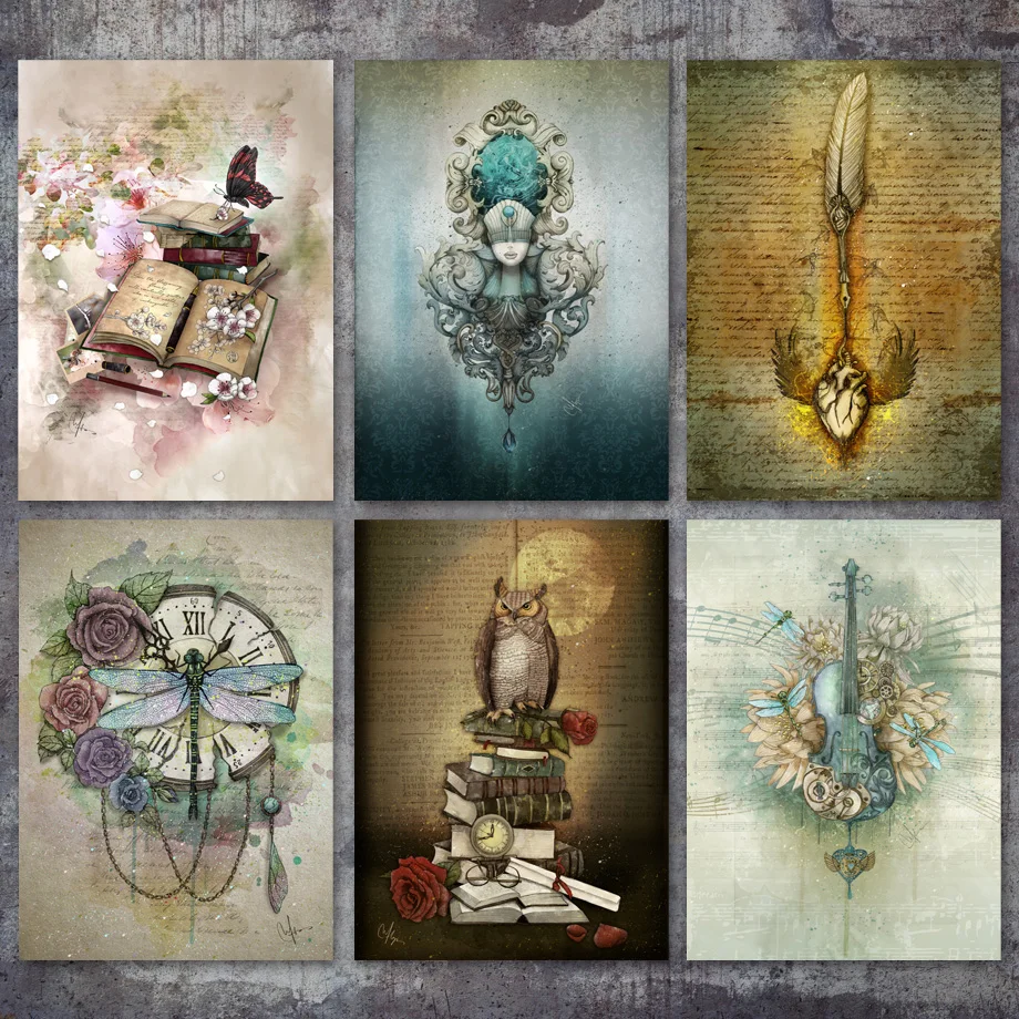 

Nordic Modular Pictures Prints Steampunk Feather Flower Violin Girl Owl Wall Art Canvas Painting Poster Home Decoration Unframed