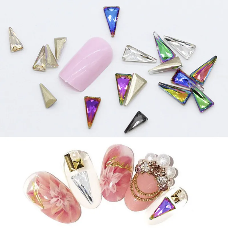 Lamemoria 10pcs Triangle Rhinestones 3D Nail Art Charms AB Color Flame Rhinestone Gold Bottom Gems Holo Nail Decoration Manicure
