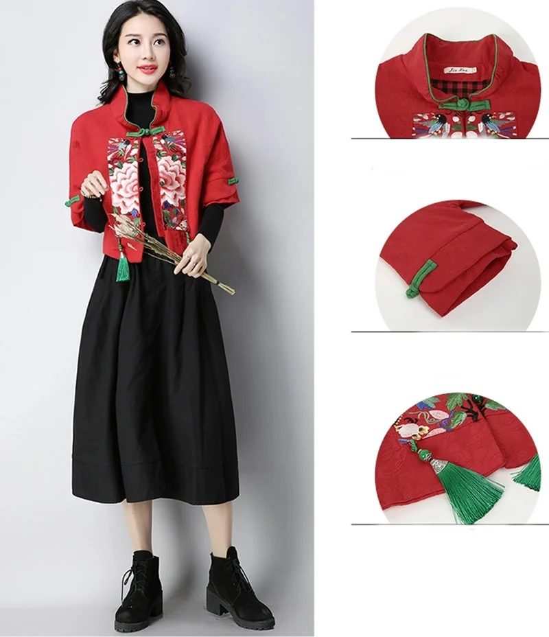 Cheongsam Топ Qipao этнический стиль вышивка традиционная китайская одежда для женщин короткие топы красный черный китайский Qipao TA2145