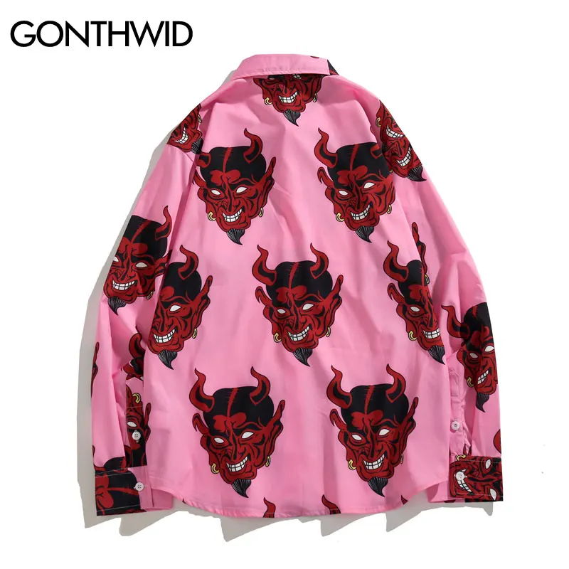 GONTHWID Devil/рубашки с длинными рукавами и принтом в стиле Харадзюку, Повседневная рубашка на пуговицах, уличная мода, повседневные рубашки, футболки, топики