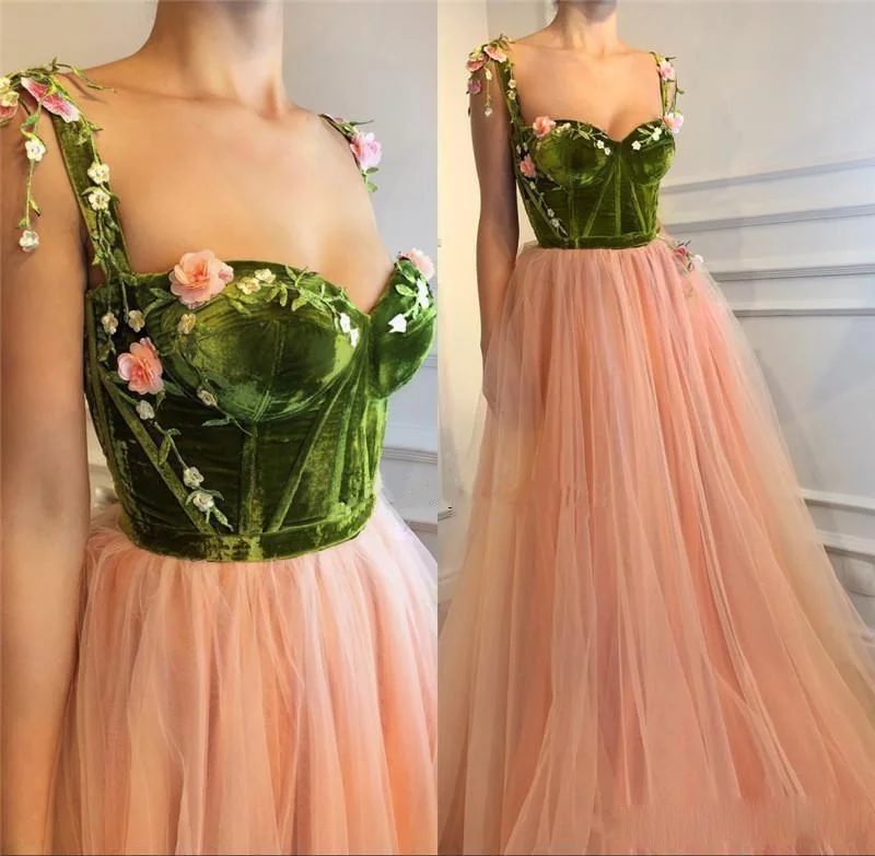 

Blush Pink 3D Floral Long 2020 A Line Prom Dresses Velvet Top Appliqued Girls Pageant Engagement Custom Made Party Evening Dress