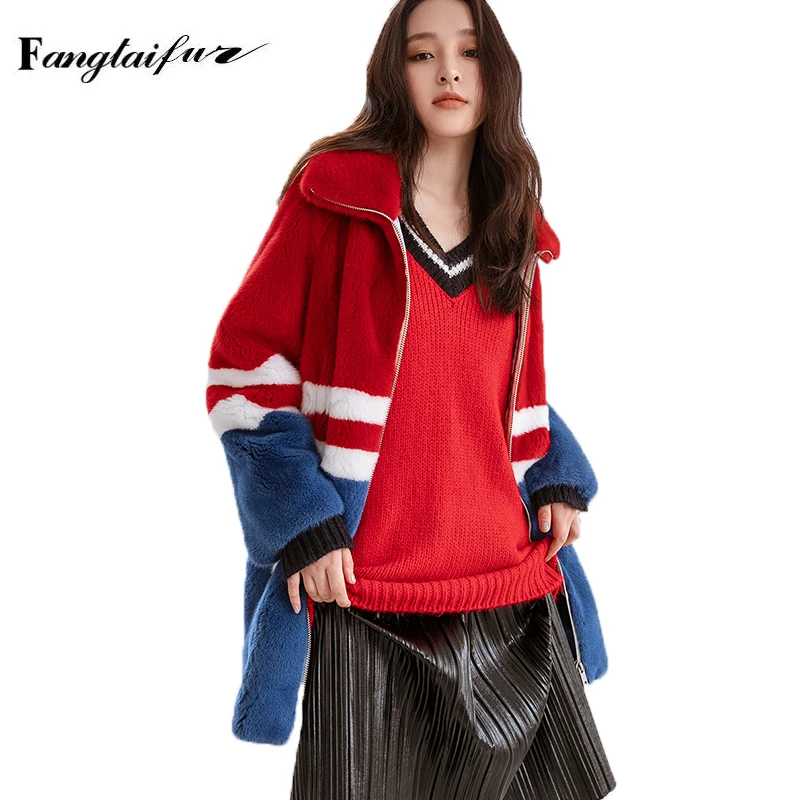 

Fang Tai Fur 2019 Winter Coat Women Velvet Mink Fur Overcoats Contrast Color Turn-Down Collar Women's Medium Real Mink Fur Coats